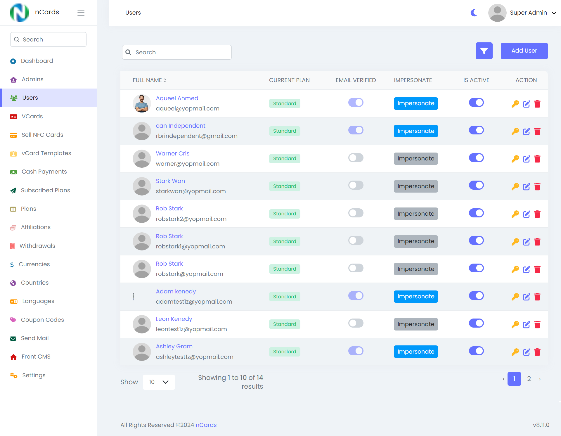Digital business card — admin panel — Manage Users